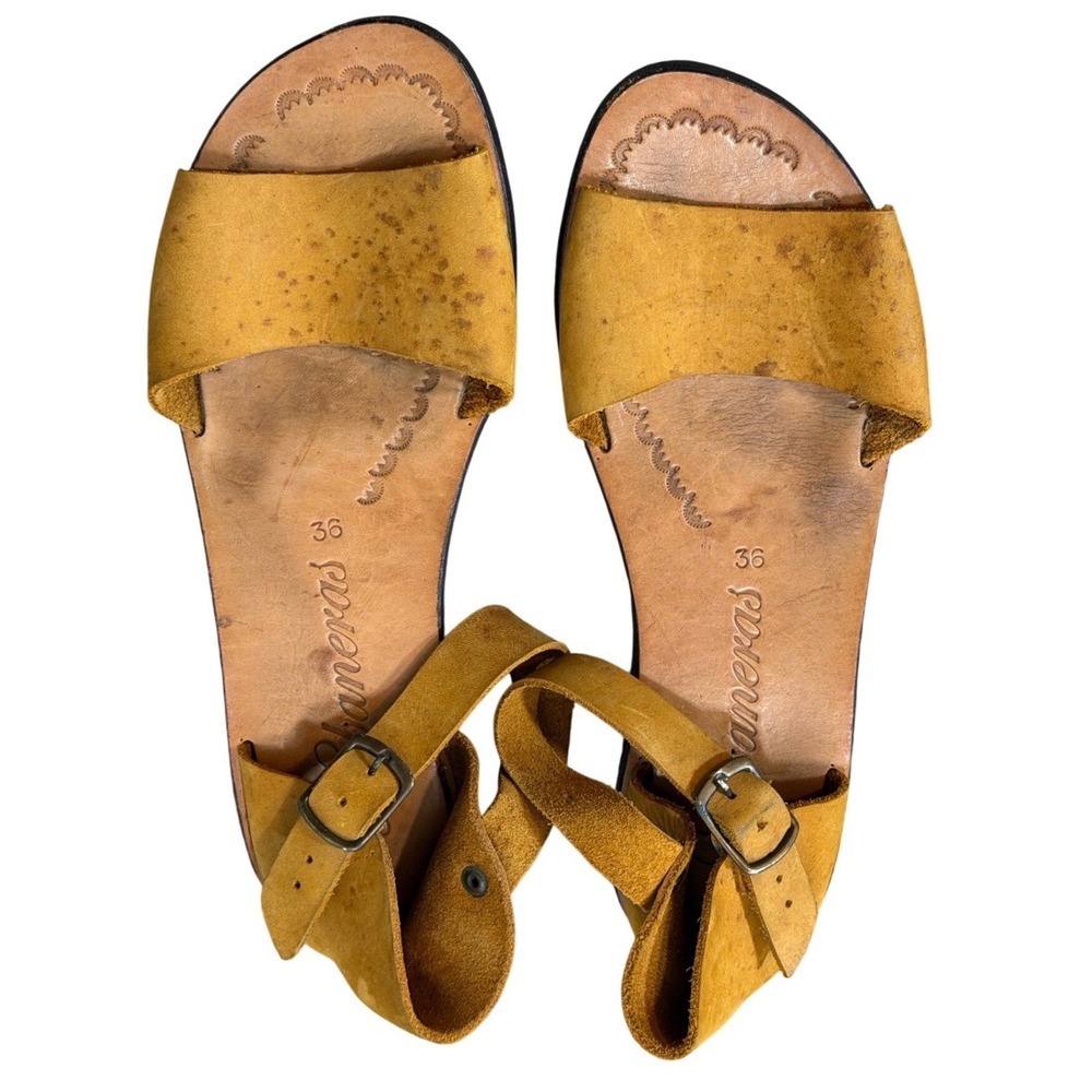 Habaneras Mustard Yellow Leather Ankle Strap Sandals Size 36 Bohemian Coastal